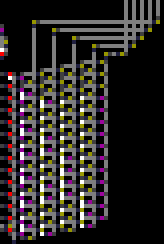 The instruction decoder. It is the same design as the DMUX used in the RAM, except sideways, taking only 5 bits of input, and with most possible columns (well, rows since it's sideways) missing. There are no gaps, visually; the values not present are simply skipped over.